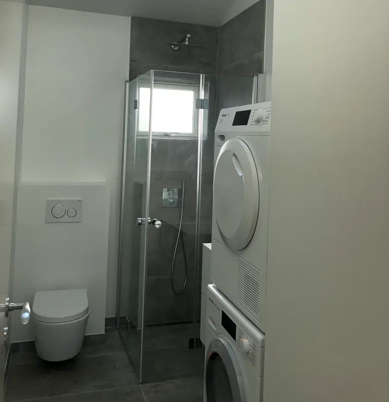 Færdigt smalt badeværelse med mørkegrå fliser i brusenichen bag glasvæg, lyse vægge, vægophængt toilet og vaskesøjle ved siden af
